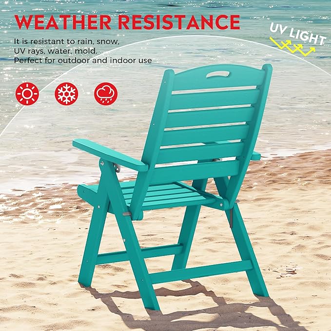 Costaelm Outdoor Adjustable Highback Folding Patio Dining Chair, HDPE Armrest Poly Lumber Restaurant Bistro Dining Chair for Outside Porch Backyard Garden, Turquoise