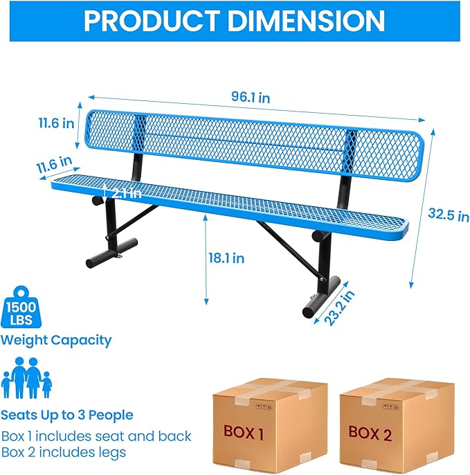 8 FT Steel Park Bench for Outside, Outdoor Bench with Backrest & Portable Frame, Thermoplastic Coating, Commercial Benches for Shopping Mall, Store, Park, Patio, Deck, Blue