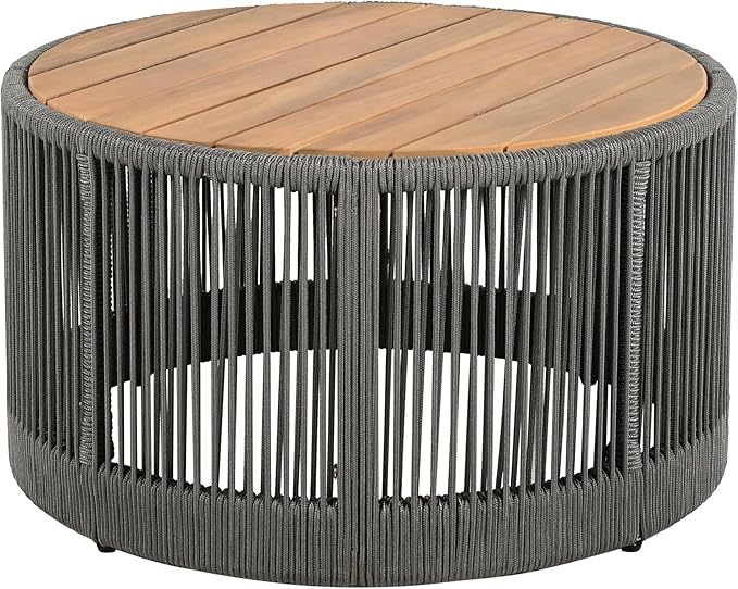 LUMISOL Rustic Industrial Table Set of 2 for Outdoor, Coffee Table & Side Table with Woven Rope Design, Patio Table Set for Living Room Garden Balcony, Teak+ Grey