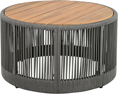 LUMISOL Rustic Industrial Table Set of 2 for Outdoor, Coffee Table & Side Table with Woven Rope Design, Patio Table Set for Living Room Garden Balcony, Teak+ Grey