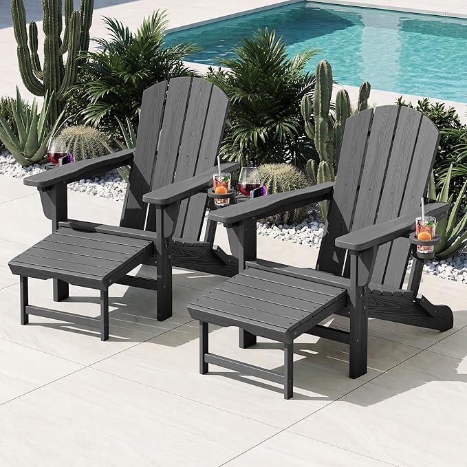 KINGYES Adjustable Folding Adirondack Chairs with Footrest & 2 Cup, HDPE Recliner Adirondack Chair with Ottoman, Grey - Photo 2