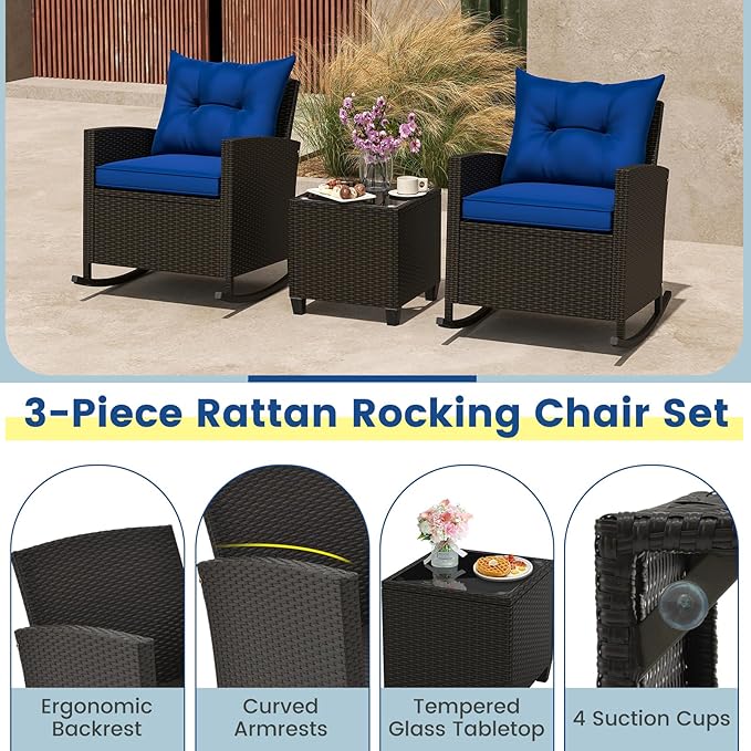 Tangkula 3 Piece Wicker Rocking Set, Patio Rattan Roker Chairs with Tempered Glass Table & Soft Cushions - Photo 6
