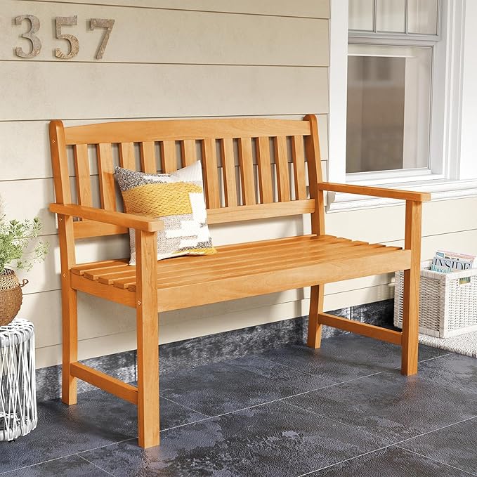 Giantex 2-Person Outdoor Bench, Acacia Wood Patio Bench w/Ergonomic Backrest, Comfortable Armrests & Curved Seat, Garden Bench for Backyard, Patio, Deck, Porch, 800 Lbs Weight Capacity, Natural