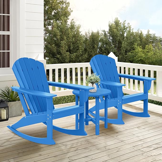 Costaelm Outdoor Adirondack Chair, All Weather Resistant Lawn Chairs Balcony Chair and Fire Pit Chairs, Deck Chairs Outdoor Porch Rocking Chair High Back HDPE Poly Lumber, Pacific Blue