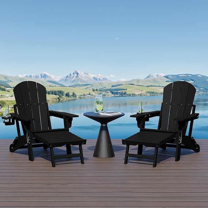 WestinTrends Malibu Folding Adjustable Adirondack Chair with Retractable Ottoman and Cup Holder (Set of 2), Black