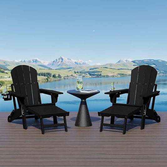 WestinTrends Malibu Folding Adjustable Adirondack Chair with Retractable Ottoman and Cup Holder (Set of 2), Black
