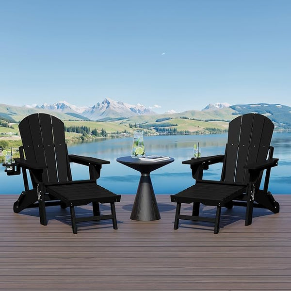 WestinTrends Malibu Folding Adjustable Adirondack Chair with Retractable Ottoman and Cup Holder (Set of 2), Black - Photo 1