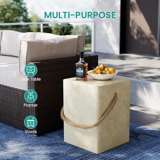 SUNBURY Outdoor Side Table, Concrete Side Table for Patio, 18" H Small End Table w Hemp Rope - Photo 3