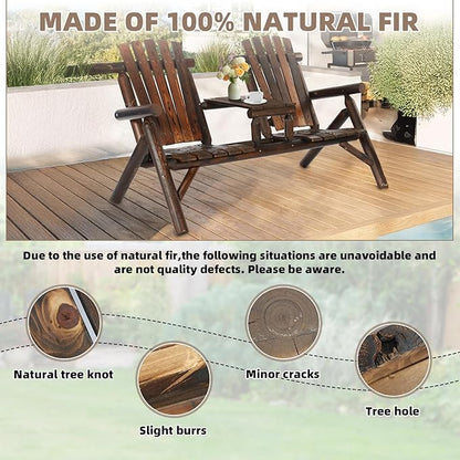Outdoor 2-Person Wooden Adirondack Bench, Conversation Furniture Set with Patio Rustic Loveseat & Built-in Table, Carbonized Garden Bench Fire Pit Chair for Backyard Porch Pool Deck
