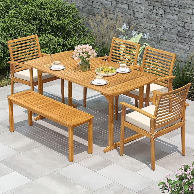 HAPPYGRILL Outdoor Acacia Wood Bench, Patio Dining Picnic Bench for Entryway Garden Poolside Balcony, 800 LBS Max Load (2)