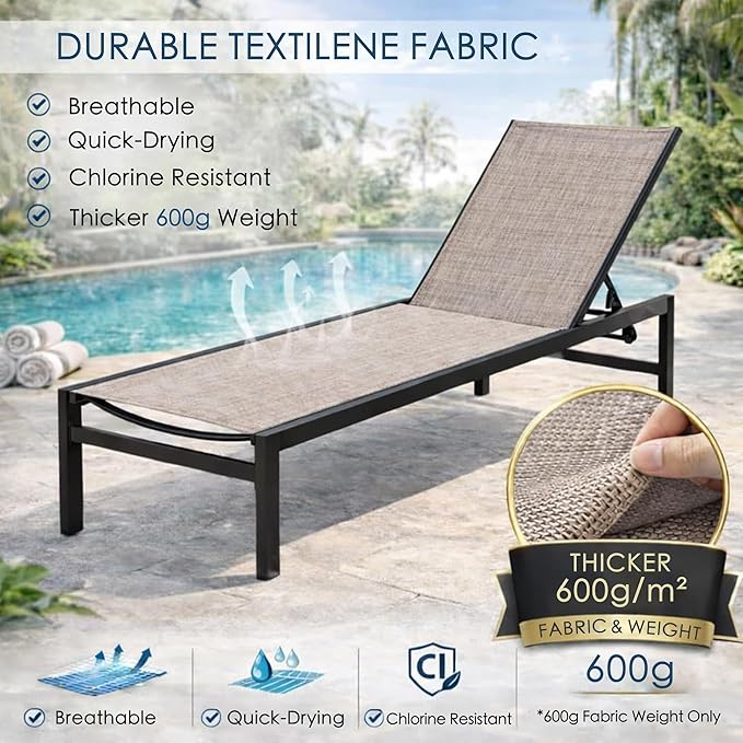 Kozyard 3Pieces Outdoor Chaise Lounge, Aluminum Frame and Textilene Fabric, Adjustable Reclining Patio Lounger for Poolside, Sunbathing & Backyard (Beige, 2Chairs with Table)