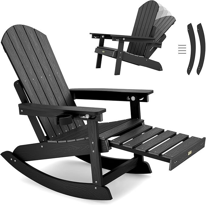 YEFU Adirondack Chairs with Retractable Ottoman: Oversize Adirondack Rocking Chairs - 5-Level Adjustable High Back - Outdoor Rocker with Cup Holder for Porch/Gardens/Lawn/Patio/Backyard/Black