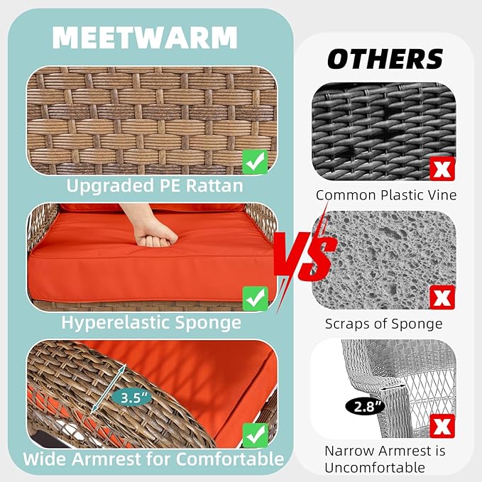 MEETWARM Outdoor Wicker Rocking Chair, Rattan Patio Rocker Chairs with Cushions and High Back, All-Weather Patio Wicker Chair with Safe Rocking Design for Garden Backyard Porch, Brown/Orange