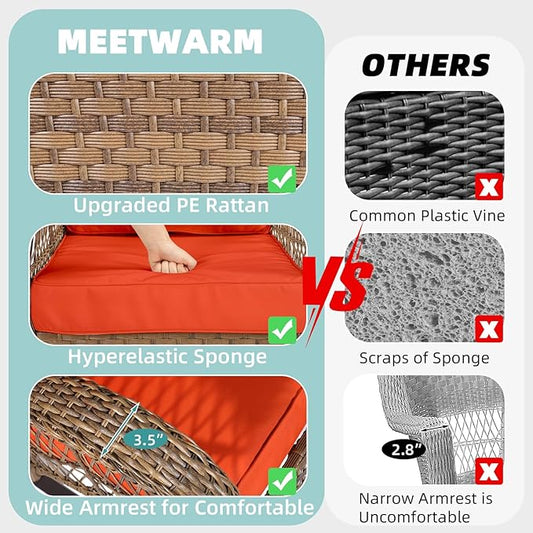 MEETWARM Outdoor Wicker Rocking Chair, Rattan Patio Rocker Chairs with Cushions and High Back, All-Weather Patio Wicker Chair with Safe Rocking Design for Garden Backyard Porch, Brown/Orange