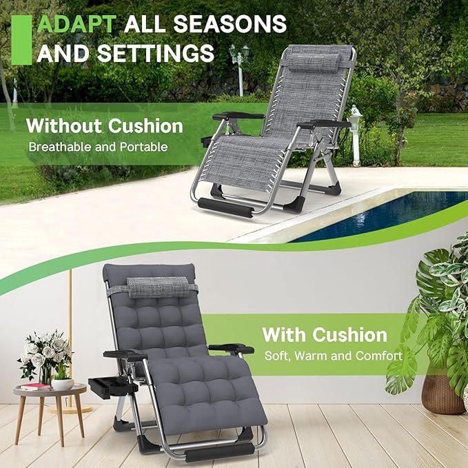 ZENPETIO 29In XL Zero Gravity Chair w/Cushion, Zero Gravity Recliner Lounge Chair for Indoor and Outdoor - Photo 5
