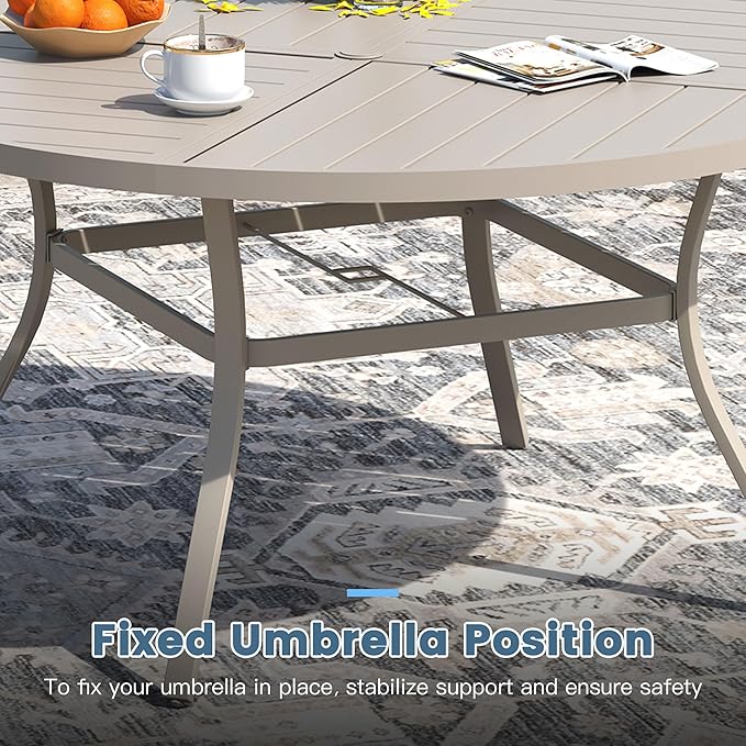 DIFY 53.1" Round Outdoor Patio Dining Table for 6-8, All-Weather Metal Steel Slatted Patio Table with 1.57" Adjustable Umbrella Hole, for Lawn Garden Porch Backyard, Sandshell