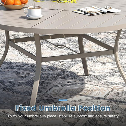 DIFY 53.1" Round Outdoor Patio Dining Table for 6-8, All-Weather Metal Steel Slatted Patio Table with 1.57" Adjustable Umbrella Hole, for Lawn Garden Porch Backyard, Sandshell