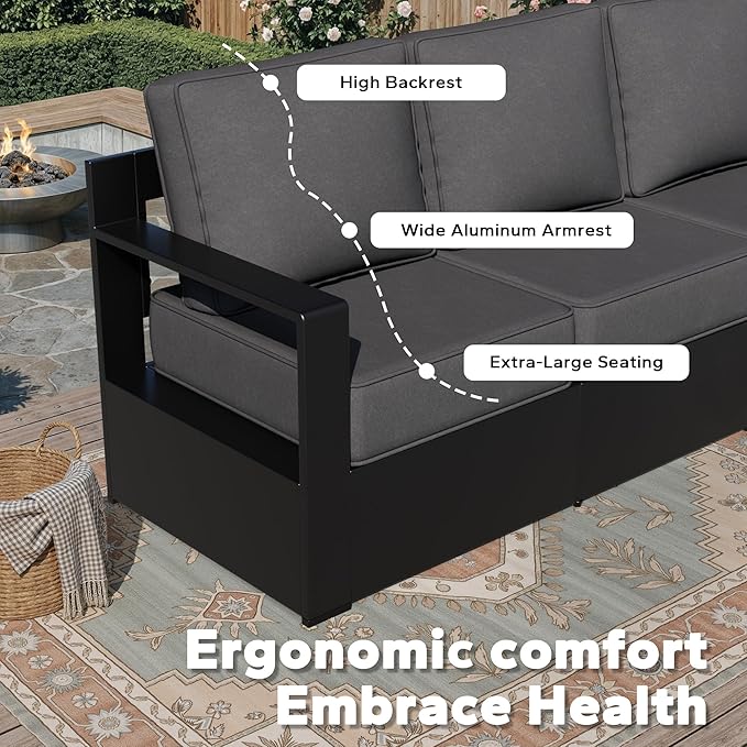 Aluminum Patio Sofa - 3-Seater Outdoor Couch with 6" Thick Removable Cushions, All-Weather Metal Frame, Deep Setting for Garden, Poolside and Porch