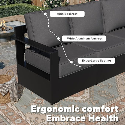 Aluminum Patio Sofa - 3-Seater Outdoor Couch with 6" Thick Removable Cushions, All-Weather Metal Frame, Deep Setting for Garden, Poolside and Porch