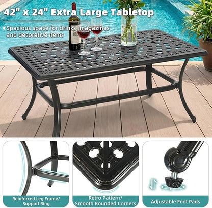 MEETWARM Outdoor Coffee Table, All-Weather Cast Aluminum 42" Rectangle Patio Coffee Table, 220 LBS Heavy Duty Patio Side Table for Balcony Poolside Deck Garden & Indoor Use, Dark Bronze