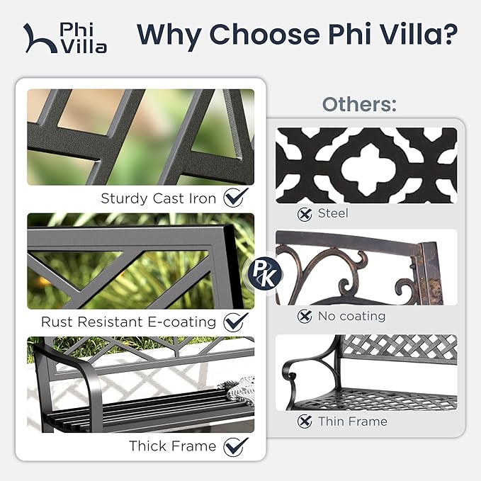 PHI VILLA 43 Inch Cast Iron Steel Frame Outdoor Garden Bench, Patio Furniture Chair Bench w/Line Pattern Design Backrest - Photo 9