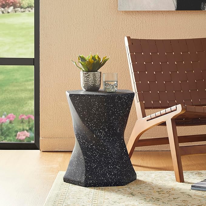Glitzhome Outdoor Side Table Set of 2, 17.75" H Decorative Garden Stool MGO Twist Faux Terrazzo End Table, Round Planter Stand for Indoor Outdoor Living Room Bedroom Patio Deck Poolside, Black