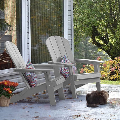 YEFU Adirondack Chair, Foldable Oversized Plastic Adirondack Chair Set of 4 with Cup Holder, Patio Chair with Weather Resistant for Outside Deck Lawn, Weight Capacity Up to 400 Lbs –Grey
