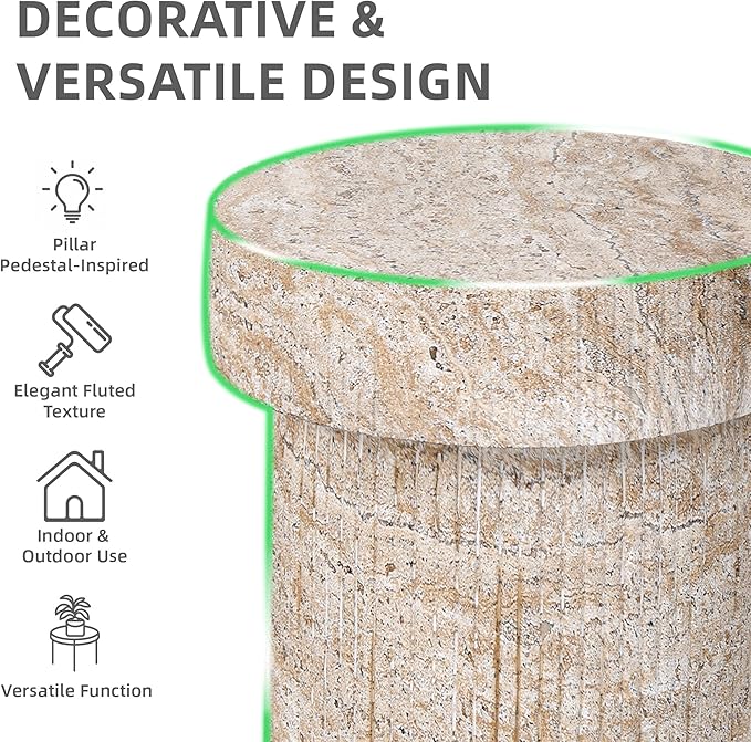 Side Table, 24" Pedestal End Table, 3-in-1 Durable Lightweight Round Coffee Table, Decorative Patio Accent Table Fluted Garden Stool Art Decor for Poolside, Balcony, Living Room, Beige