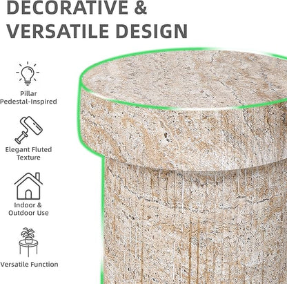 Side Table, 24" Pedestal End Table, 3-in-1 Durable Lightweight Round Coffee Table, Decorative Patio Accent Table Fluted Garden Stool Art Decor for Poolside, Balcony, Living Room, Beige