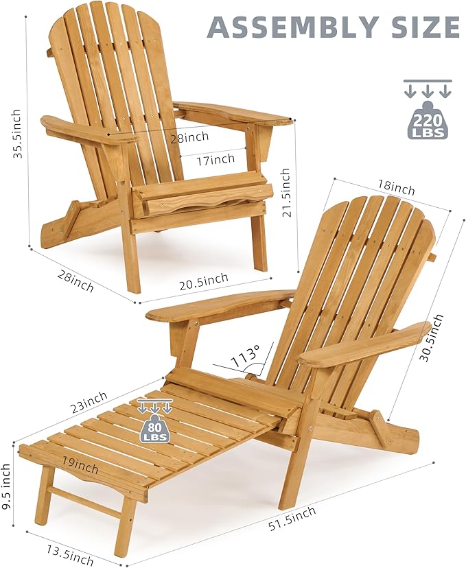 Wooden Folding Adirondack Chair with Ottoman, Pre-Assembled Backrest and Seat Board, Lounge Chair for Outdoor Patio Garden Lawn Backyard Firepit Deck Pool Beach
