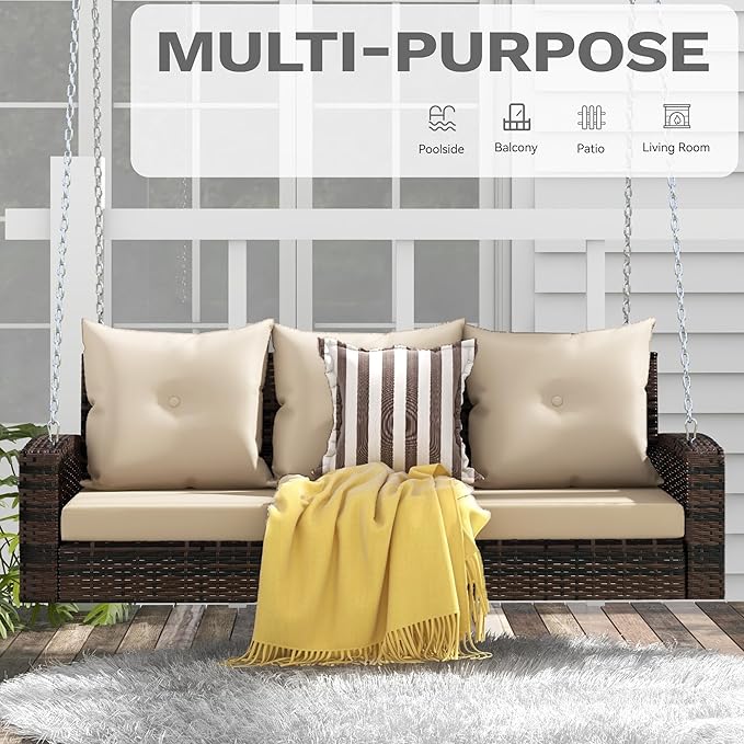 DWVO 3 Seats Porch Swing Hanging Bench Swing Outdoor Wicker Patio Swing Lounge Front Rattan 794lbs for Garden, Balcony - Photo 2