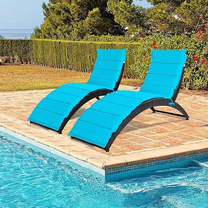 Tangkula Foldable Patio Lounge Chair, Outdoor Rattan Lounger Chaise, Portable Patio Chaise with Cushion, All-Weather Wicker Furniture for Garden Lawn Balcony Backyard Poolside (2, Turquoise)