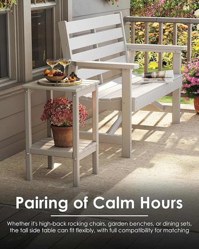 GREENVINES Tall-Outdoor-Side-Table Set of 2 | 23.5" | HDPE Plastic | Patio Adirondack End Tables | All Weather | 2-Tier - Photo 5