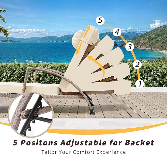 Chaise Lounge Chairs Set of 2 for Outdoor, Adjustable 5 Position PE Rattan Wicker Patio Folding Lounge with Arm, Cushion - Photo 5