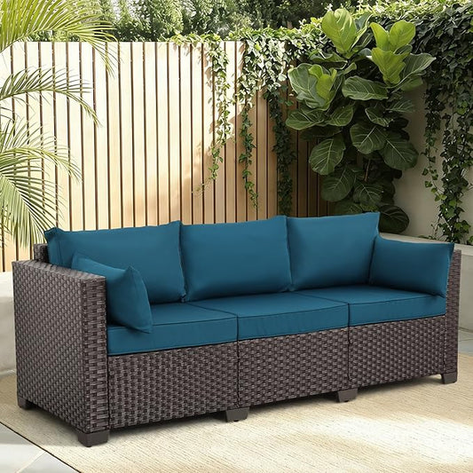 WAROOM Patio Couch PE Rattan 3-Seat Outdoor Sofa Brown Wicker Furniture Set Deep Seating with Anti-Slip Peacock Blue Cushion