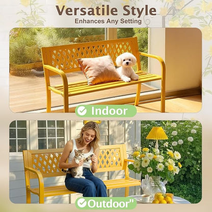 Outdoor Garden Bench, 47'' Outdoor Bench, Weather Resistant Garden Patio Bench Powder Coated Iron Frame w/PVC Mesh Backrest Slatted Seat, 2-Person Outdoor Furniture for Front Porch Entryway(Yellow)