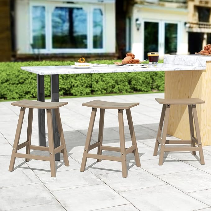 Costaelm All-Weather Bar Stools Set of 3, 24" Height Outdoor Bar Stools, Adirondack Poly Patio Bar Stool for Patio, Deck, Kitchen Counter and Garden, Weathered Wood