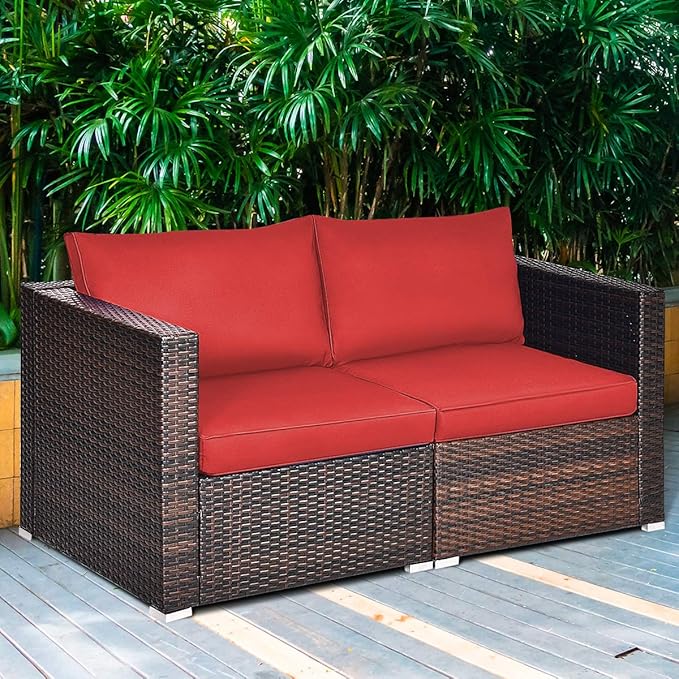 Tangkula 2 Seat Outdoor Wicker Loveseat Sofa Set, Modular PE Rattan 2 Pieces Outdoor Wicker Corner Sofa, Outside Furniture Set for Deck, Backyard, Porch, Garden & Poolside, Red