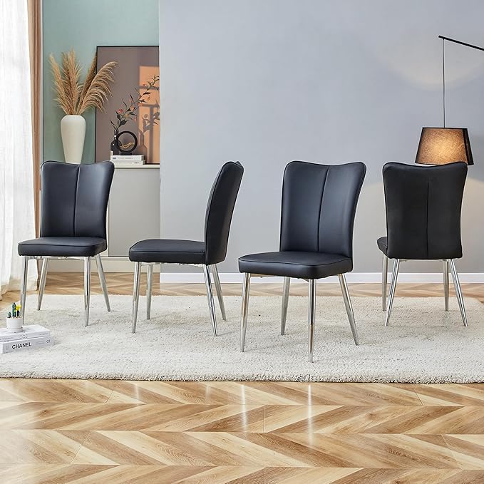 Modern Dining Chairs,Pu Upholstered Leather Chair And Sturdy Metal Legs,Comfortable Ergonomic Large Backrest Design,Applicable To Front Porch,Outdoor Lounge,Garden,Reception Room,Patio,BlackSilver-Met