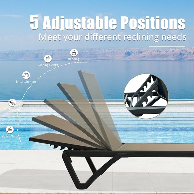 Domi Pool Lounge Chairs, Aluminum Patio Chaise Lounge with Side Table, 5 Position Adjustable Backrest and Wheels, All Weather Outdoor Lounge Chairs for Beach, Yard, Balcony, Poolside, Khaki