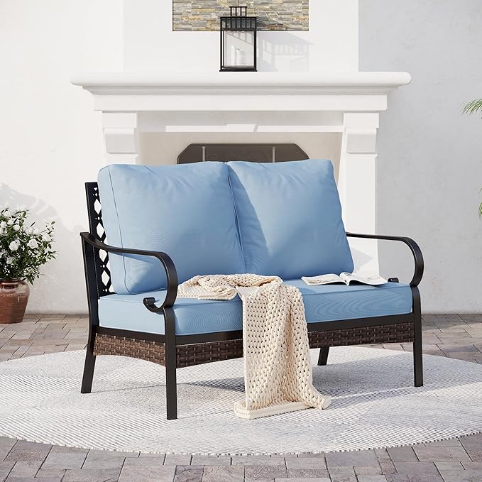 Metal Patio Furniture Loveseat with 5.75" Extra Thick Waterproof Cushion, 2-Seater Deep Seating & High-Back Black Outdoor Couch All Weather Outdoor Seating for Gazebo Porch, Blue