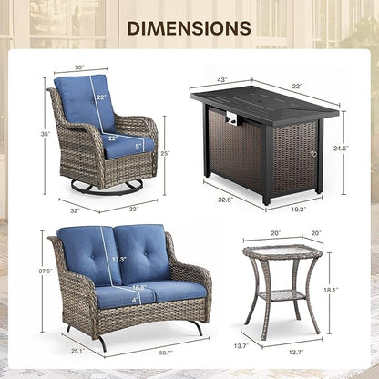 Patio Loveseat Glider Set, Resin Wicker Loveseat Glider with 4 Swivel Patio Chiars Rectangular Firepit Table, 7 Piece Patio Conversation Loveseat Set, Grey Wicker|Blue Cushions