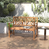HAPPYGRILL Outdoor Wood Bench, 2-Seat Acacia Wood Loveseat Chair w/Slatted Seat & Patterned Backrest, 800 lbs Capacity - Photo 4
