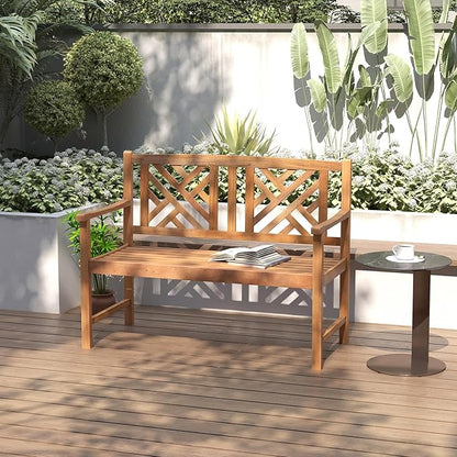 HAPPYGRILL Outdoor Wood Bench, 2-Seat Acacia Wood Loveseat Chair w/Slatted Seat & Patterned Backrest, 800 lbs Capacity, Patio Bench for Garden, Yard, Lawn