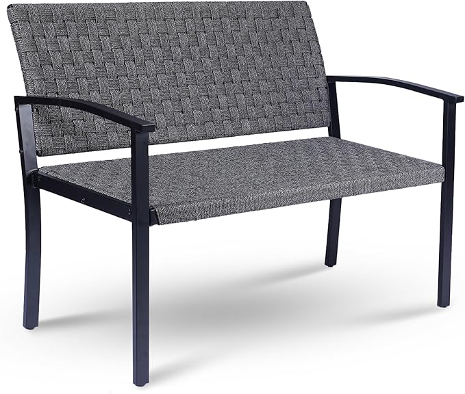 Chelsea Olive Patio Loveseat All-Weather Rope Outdoor Bench with Metal Armrest, Patio Outdoor Furniture Ideal Garden Bench for Balcony, Lawn, Backyard and Deck (Grey)