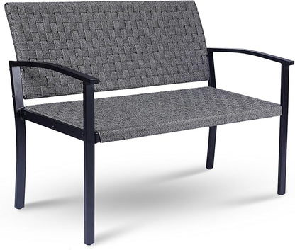 Chelsea Olive Patio Loveseat All-Weather Rope Outdoor Bench with Metal Armrest, Patio Outdoor Furniture Ideal Garden Bench for Balcony, Lawn, Backyard and Deck (Grey)