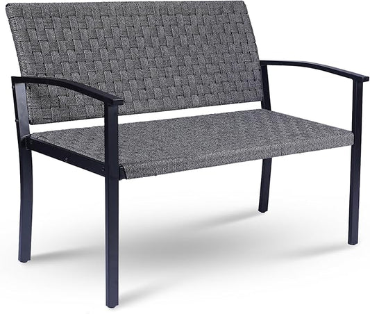 Chelsea Olive Patio Loveseat All-Weather Rope Outdoor Bench with Metal Armrest, Patio Outdoor Furniture Ideal Garden Bench for Balcony, Lawn, Backyard and Deck (Grey)