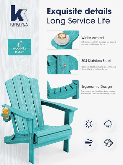 KINGYES Folding Adirondack Chair Set of 8, HDPE All-Weather Patio Chairs with Cup Holder, Wooden Textured Fire Pit Chairs for Poolside, Backyard, Deck, Aruba