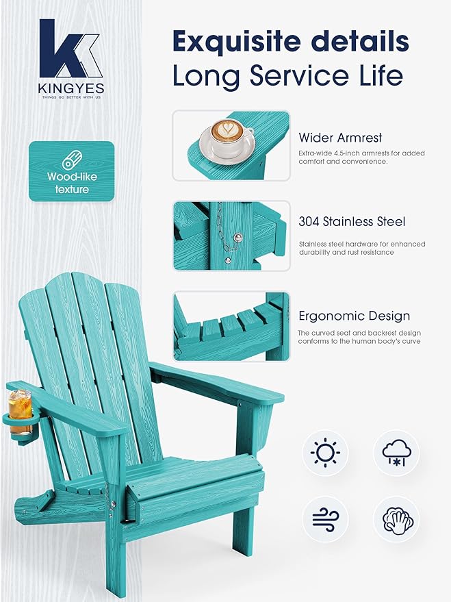KINGYES Folding Adirondack Chair Set of 4, HDPE All-Weather Patio Chairs with Cup Holder - Photo 7
