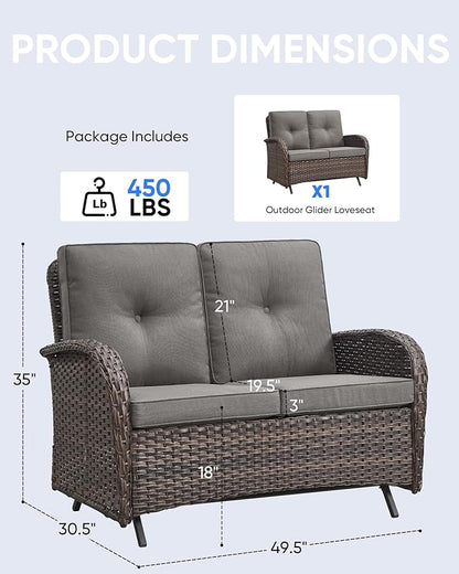 Outdoor Glider Bench-2 Seater Patio Glider Loveseat with High Back and Deep Seating Outdoor Couch for Deck Porch Garden Balcony Poolside-Brown/Grey
